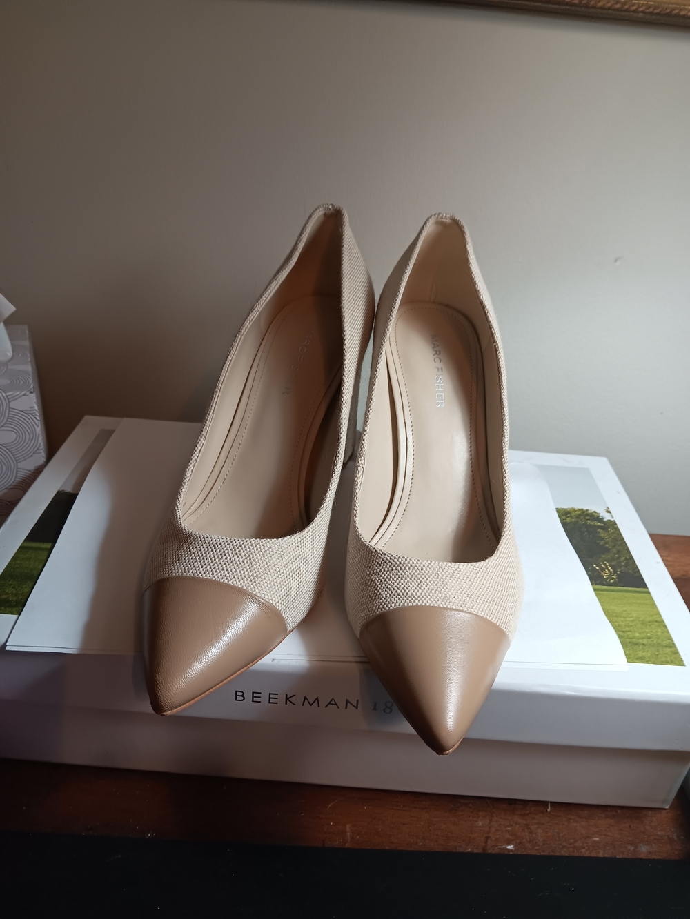 Marc Fisher Beige Pointed-Toe Pumps with Glossy Cap